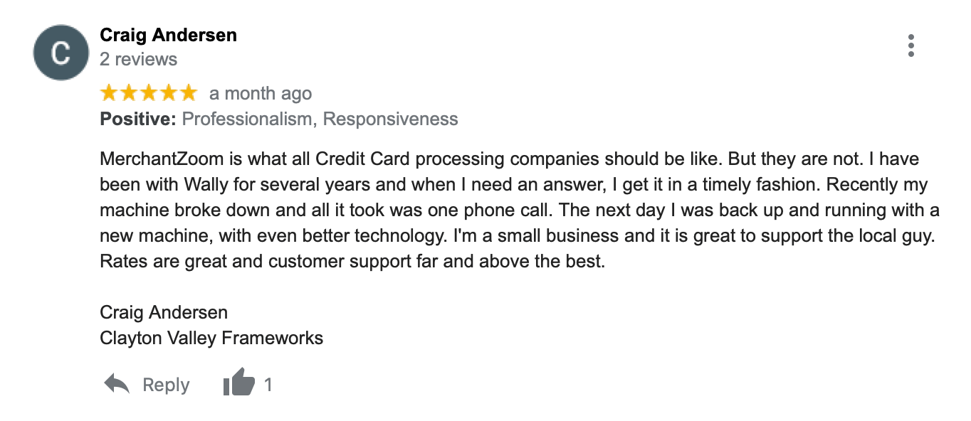 A customer review of a credit card processing company.