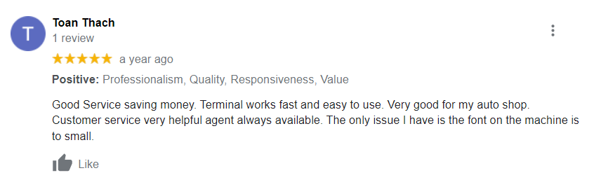 A review of the terminal works fast and easy to use.