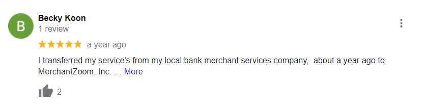 A customer review of a local bank merchant service.